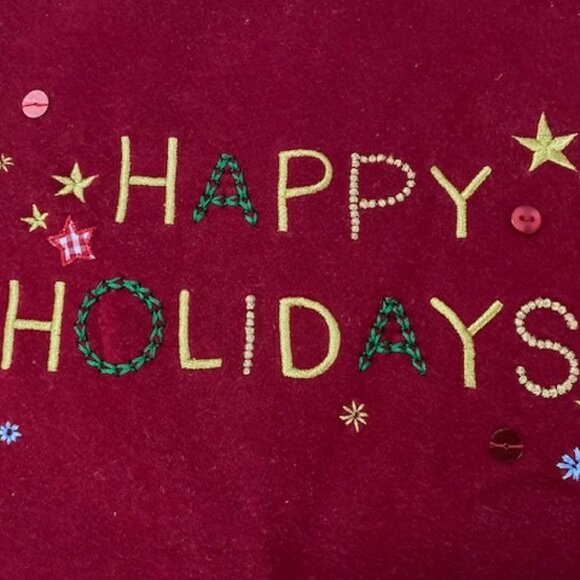 HAPPY HOLIDAYS Red l/s SWEATSHIRT * GOLD LUREX Green Embroidery STARS * 45" bust - Picture 4 of 5